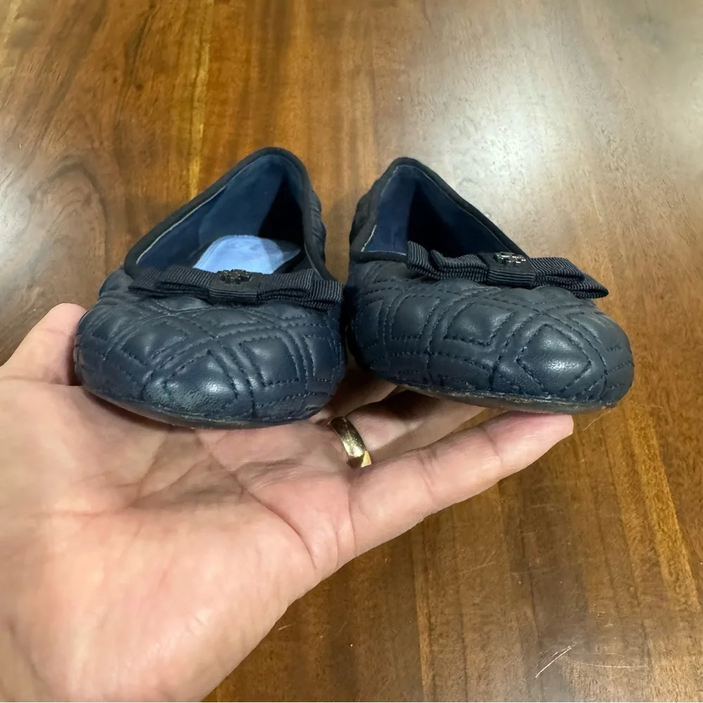 Tory Burch Marion Quilted Navy Blue Leather Bow Ballet‎ Flats Size 7